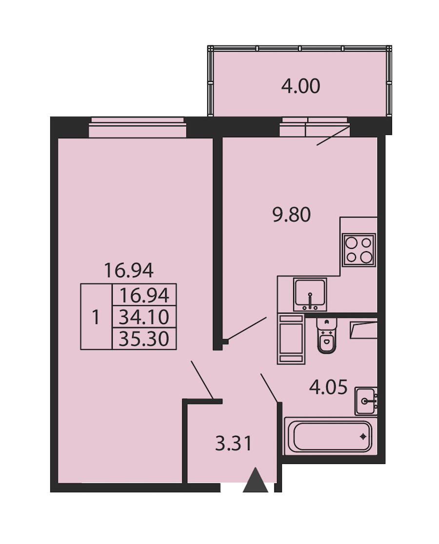 1-комнатная квартира 34.1 м², 2/12 эт., ЖК «Полис ЛАВрики»